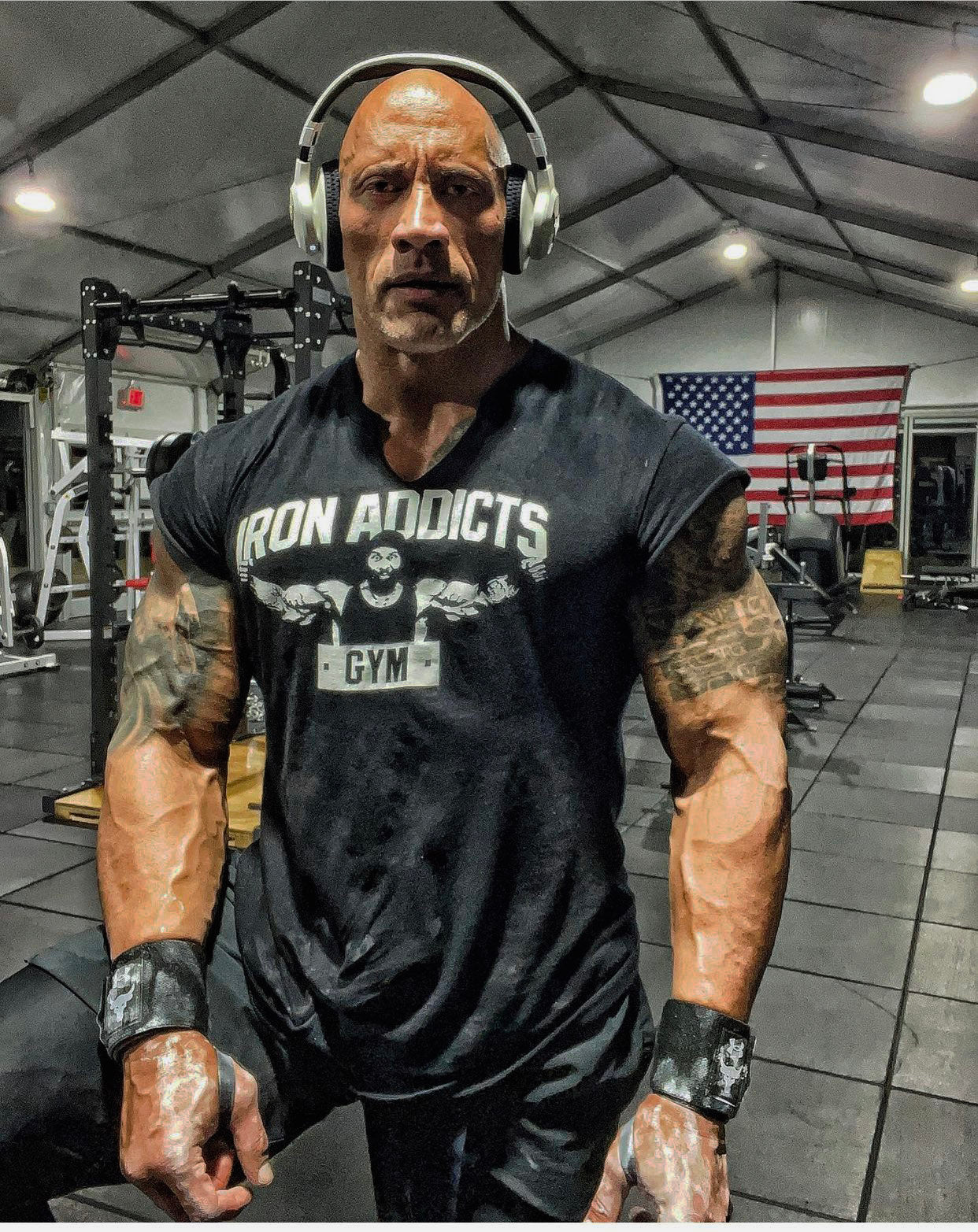 The Rock Dwayne Johnson wearing CT Fletcher Iron Addicts Brands Shirt